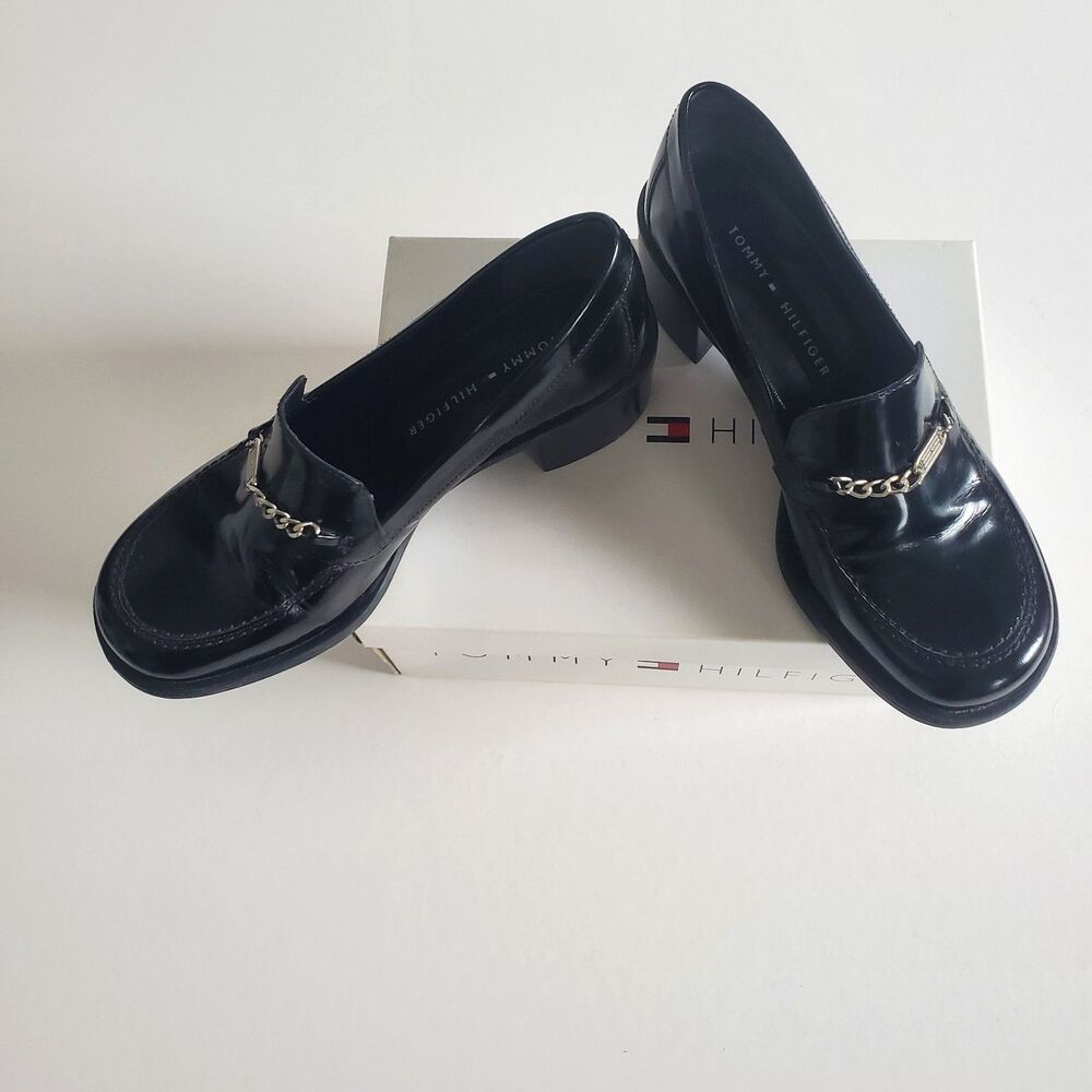 VTG Tommy Hilfiger Women’s Loafers Size 7 Black Patent Loafer Block Heel Y2K - Picture 3 of 13